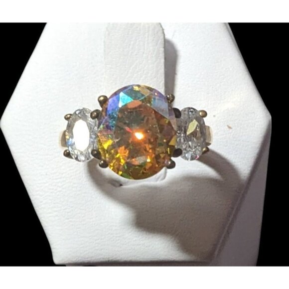 Brilliant Three Stone Sterling Silver Gold Tone Plated Engagement Ring Size 7 - Picture 1 of 16